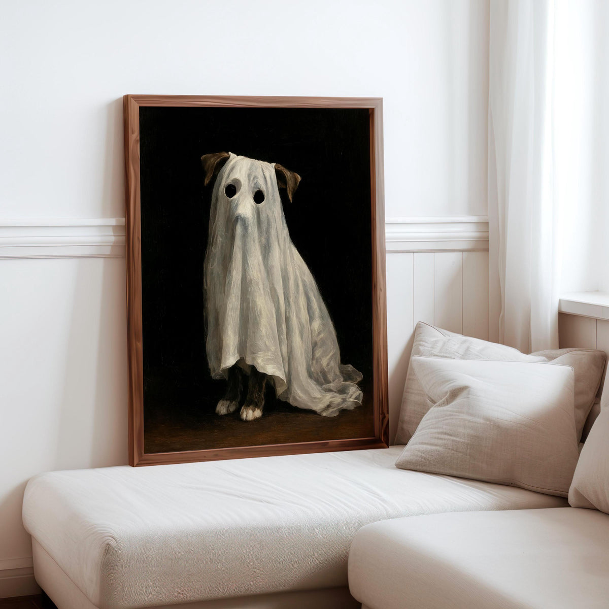 Ghost Dog Wall Art, Spooky Pet Painting, Gothic Halloween Decor, Moody Dark Academia Print, Witchy Funny Occult Painting