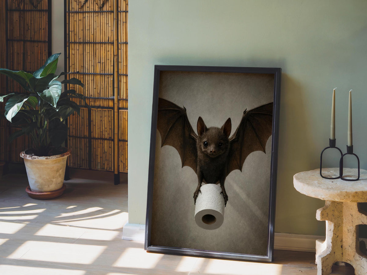 Funny Bat Bathroom Wall Art, Toilet Paper Restroom Print, Quirky Vintage Loo Sign Decor, Whimsical Animal Poster, Spooky Season Gothic Art