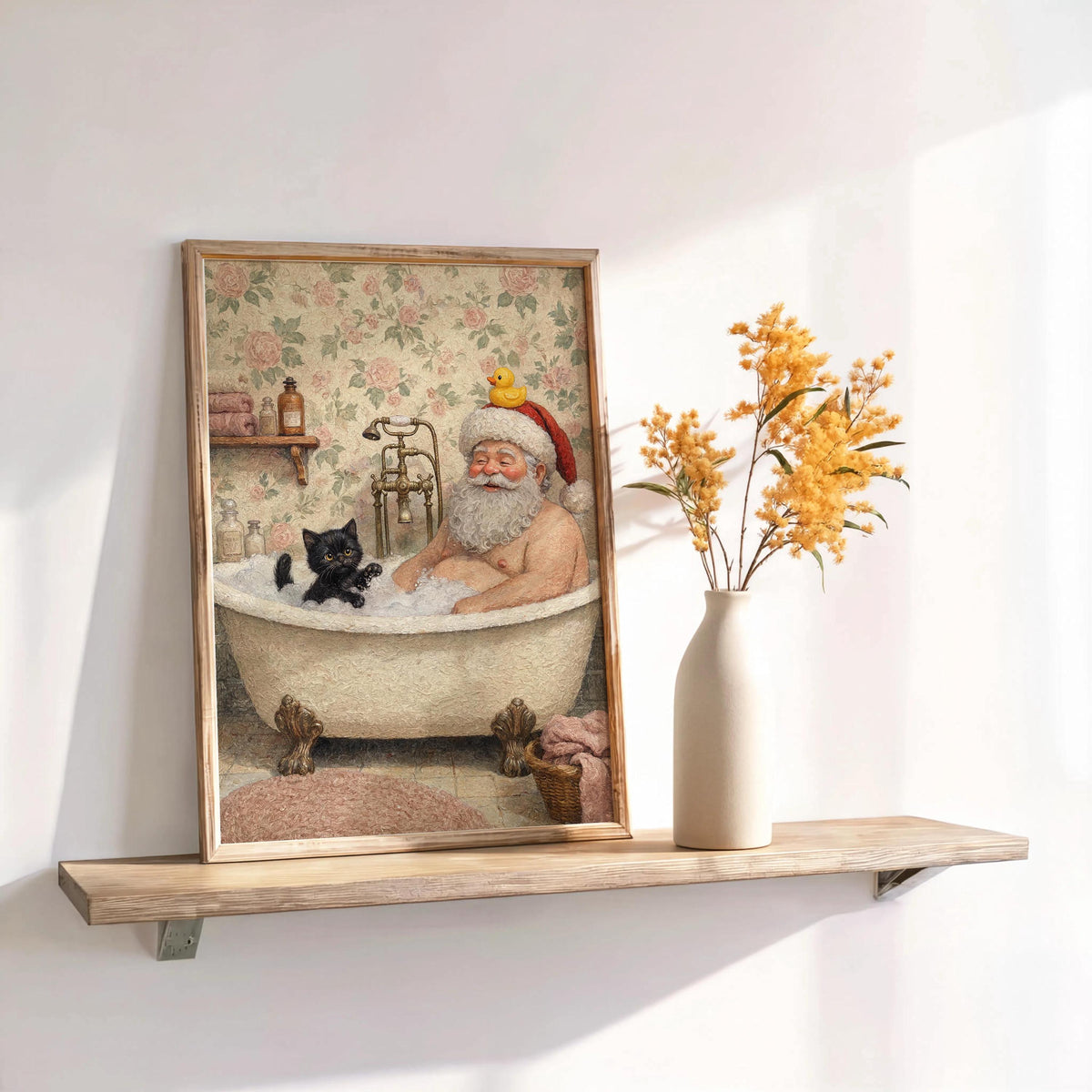Funny Santa Wall Art, Mr. Claus & Cat Funny Bathroom Painting, Whimsical Christmas Decor, Cottagecore Holiday Print, Quirky Toilet Poster