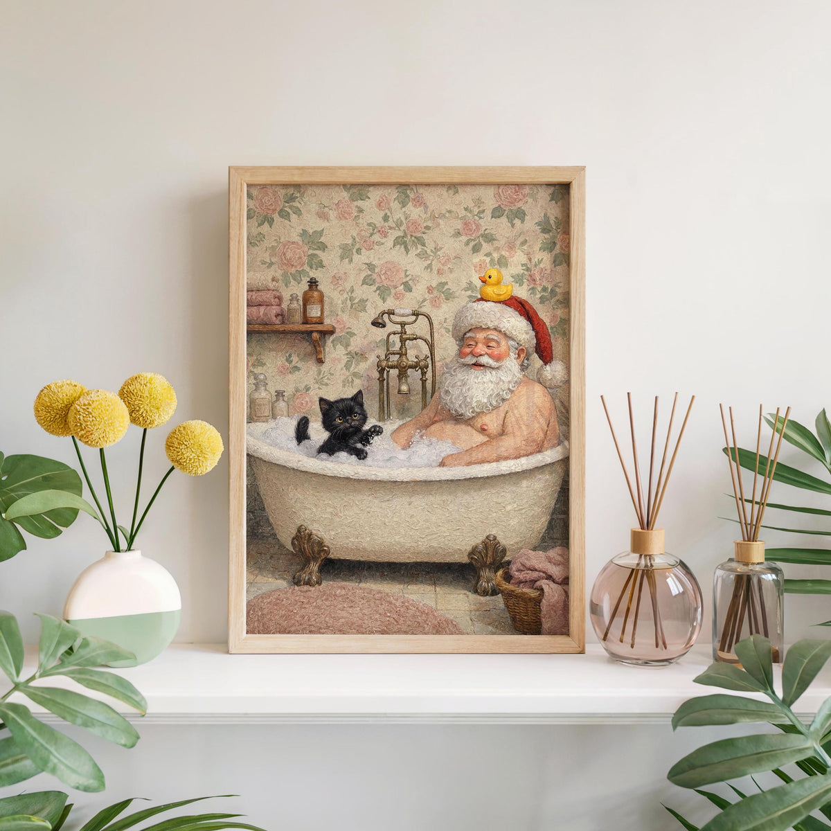 Funny Santa Wall Art, Mr. Claus & Cat Funny Bathroom Painting, Whimsical Christmas Decor, Cottagecore Holiday Print, Quirky Toilet Poster