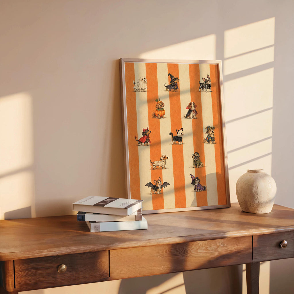 Halloween Dog Parade Wall Art, Ghost Witch Skeleton Vampire Costume Pets Print, Dog Lover Spooky Season Gift, Striped Autumn Decor