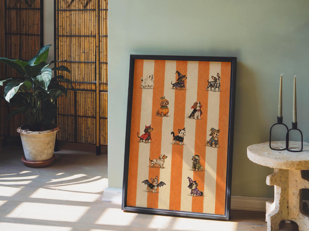 Halloween Dog Parade Wall Art, Ghost Witch Skeleton Vampire Costume Pets Print, Dog Lover Spooky Season Gift, Striped Autumn Decor