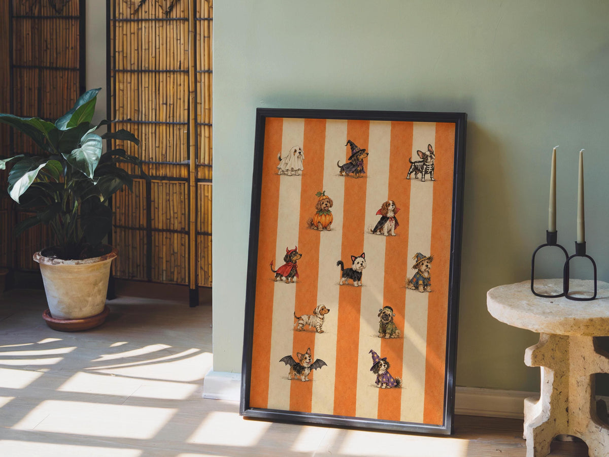 Halloween Dog Parade Wall Art, Ghost Witch Skeleton Vampire Costume Pets Print, Dog Lover Spooky Season Gift, Striped Autumn Decor