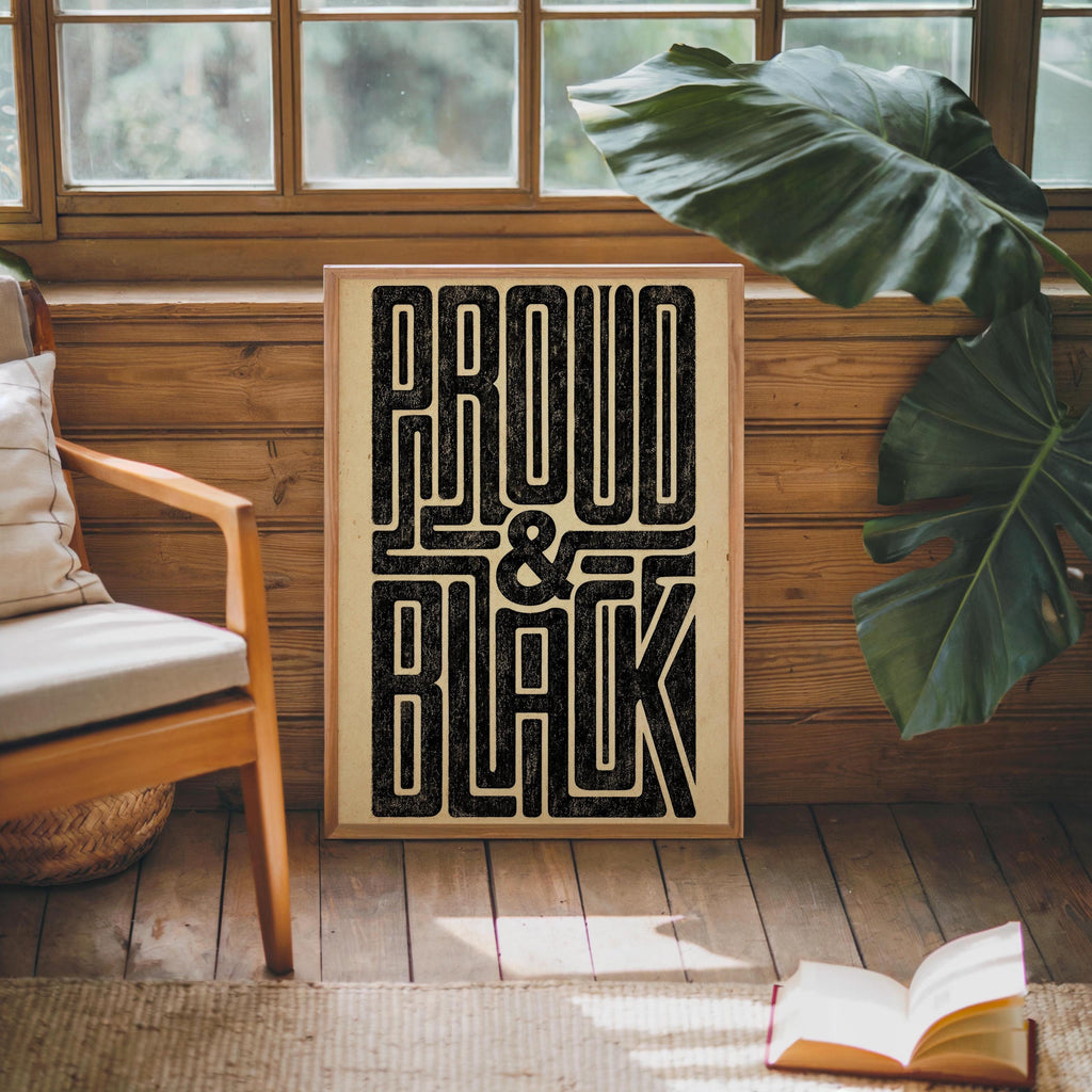 Wooden bench by a bright window, black pride poster propped beside a large leafy plant, Black history wall art tone
