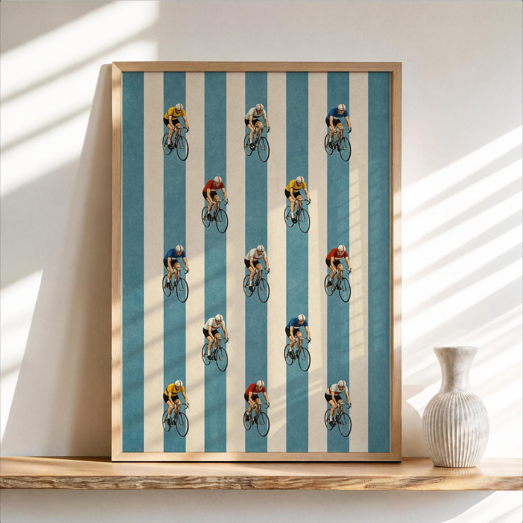 Cycling Wall Art, Retro Striped Peloton Print, Bike Lover Poster, Sports Athlete Illustration, Cyclist Gift Decor, Boys Nursery Decor