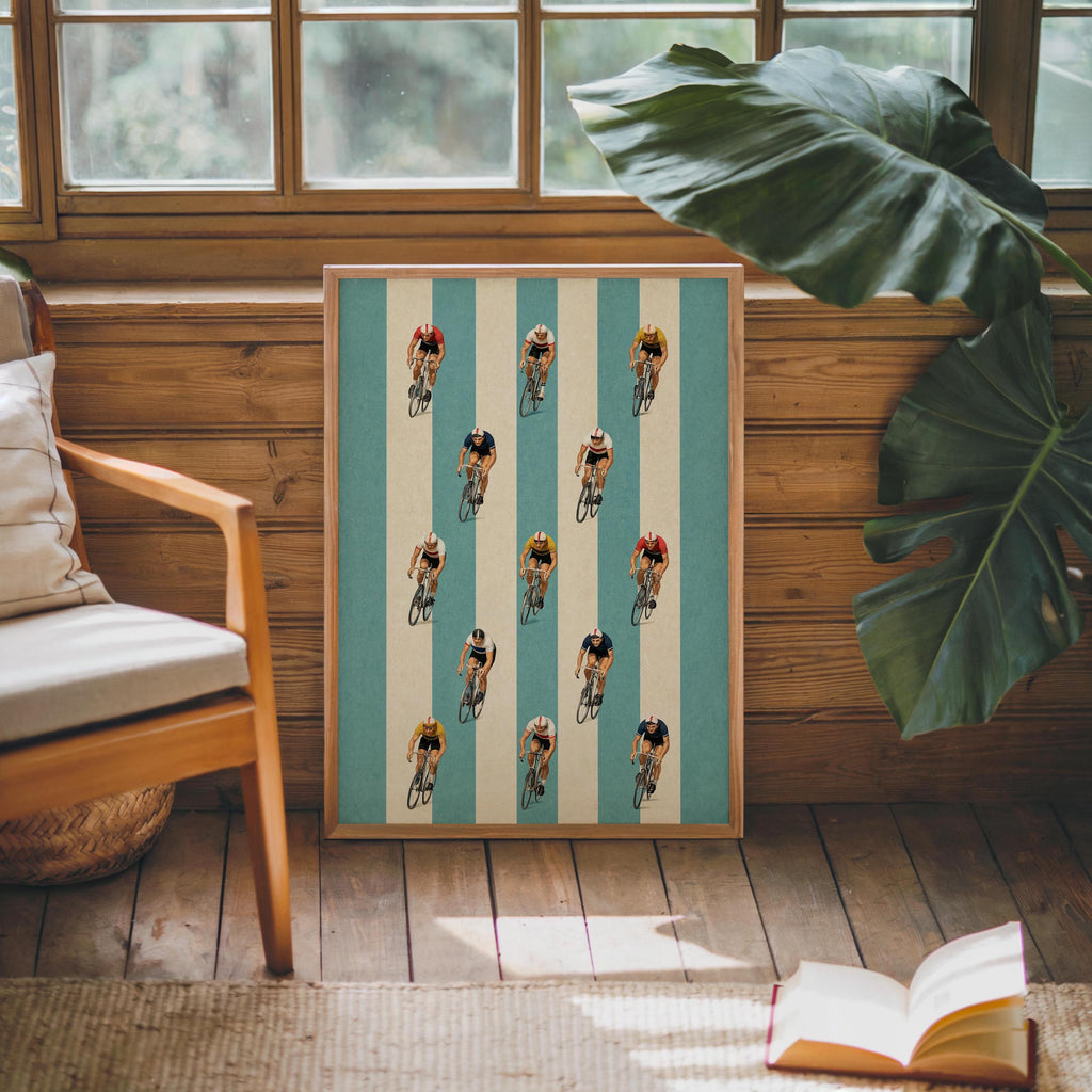 Whimsical Cyclist Illustration, Racing Peloton Themed Print, Blue Striped Vintage Wall Art, Neutral Boys Room Decor, Bike Lover Gift