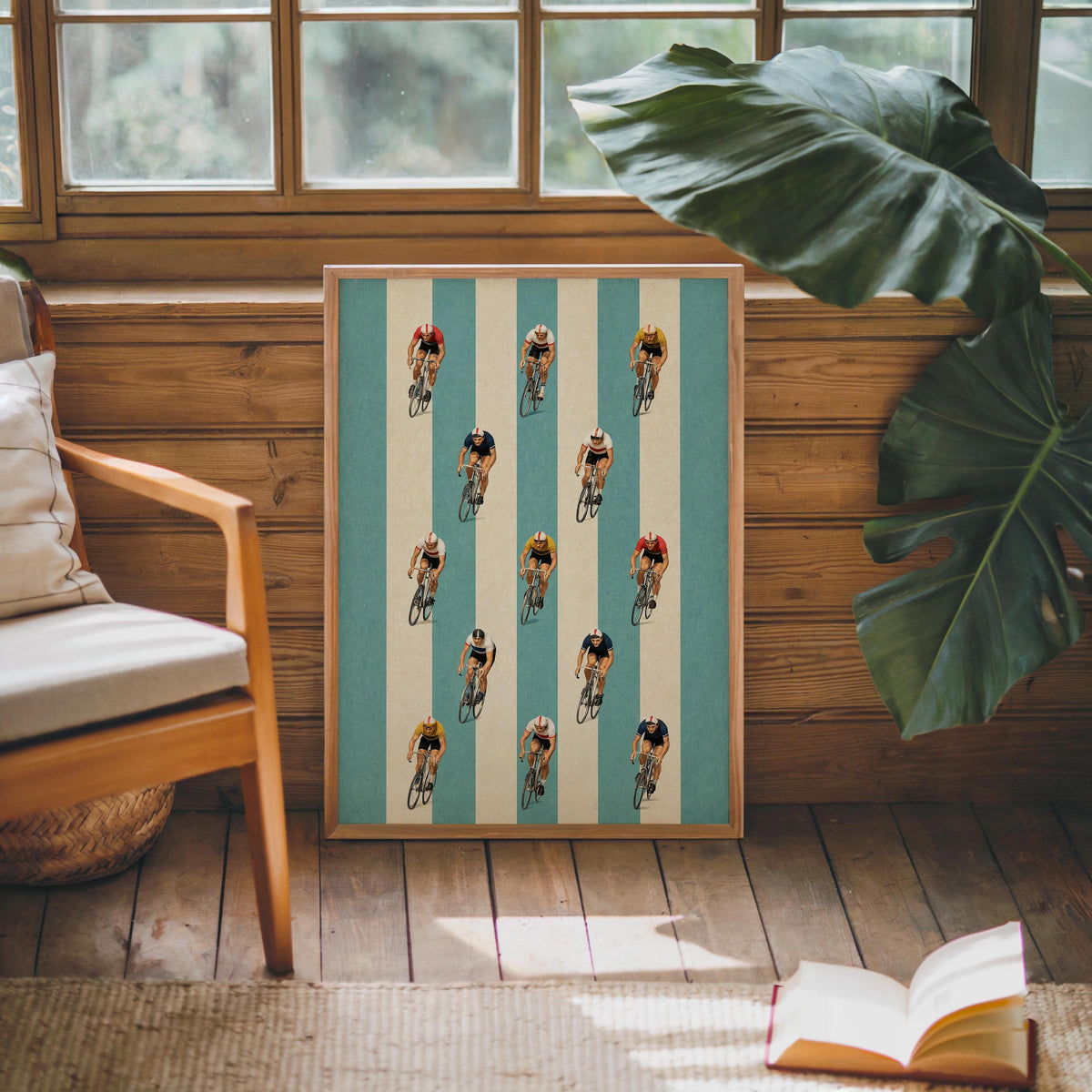 Whimsical Cyclist Illustration, Racing Peloton Themed Print, Blue Striped Vintage Wall Art, Neutral Boys Room Decor, Bike Lover Gift