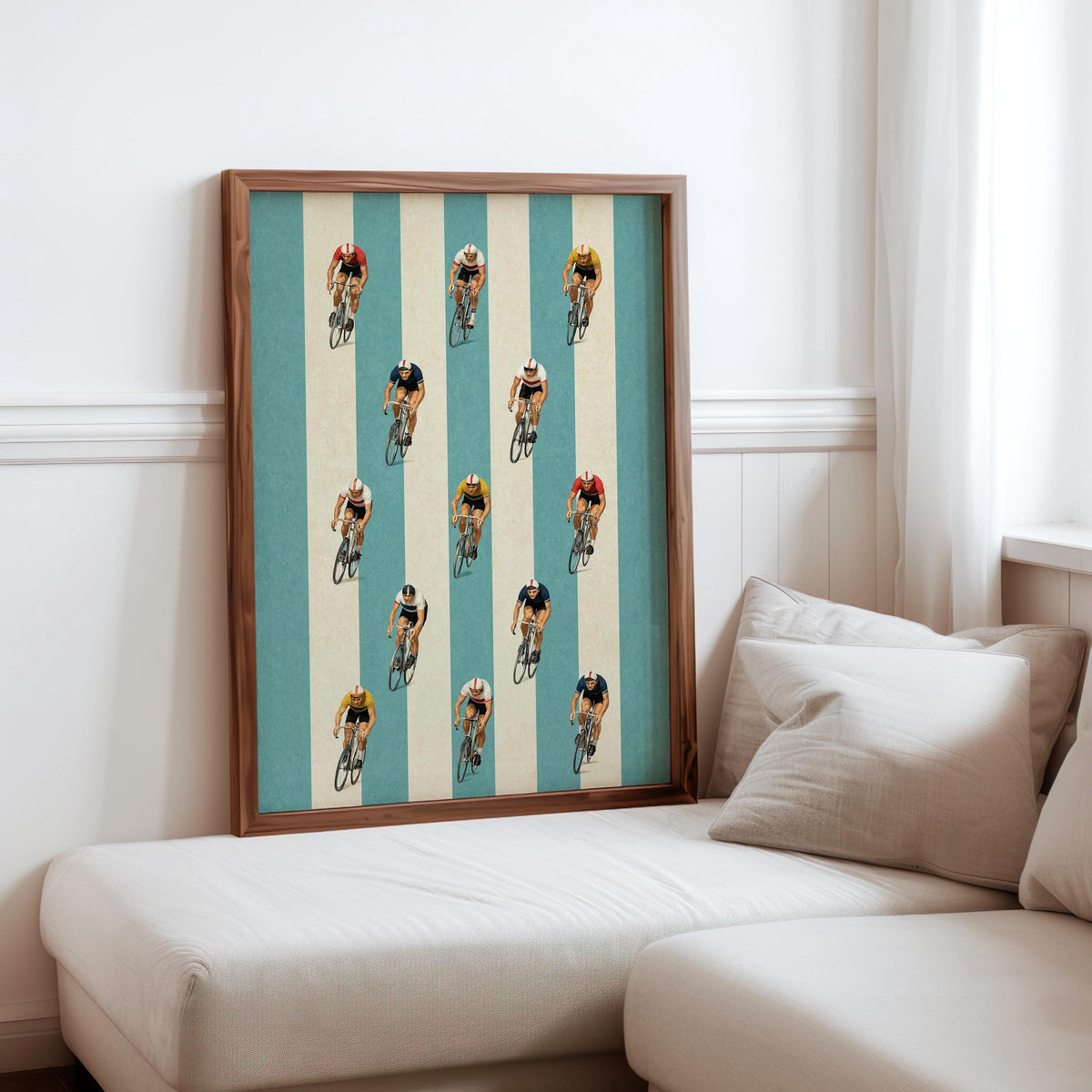 Whimsical Cyclist Illustration, Racing Peloton Themed Print, Blue Striped Vintage Wall Art, Neutral Boys Room Decor, Bike Lover Gift