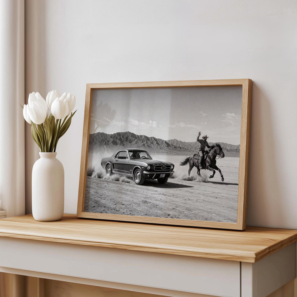Cowboy & Horse VS Classic Car Print, Vintage Texas Black and White Photo, Western Country Old Poster, Mid Century Retro Americana Wall Art
