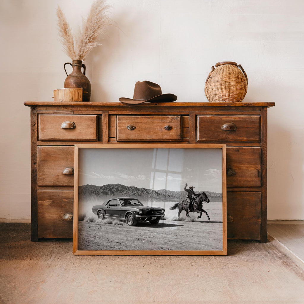 Cowboy & Horse VS Classic Car Print, Vintage Texas Black and White Photo, Western Country Old Poster, Mid Century Retro Americana Wall Art