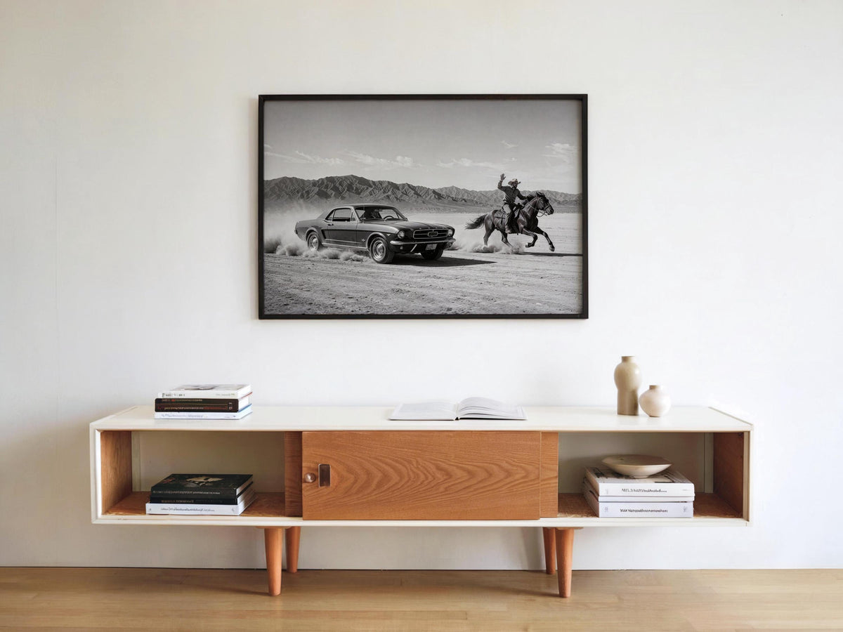 Cowboy & Horse VS Classic Car Print, Vintage Texas Black and White Photo, Western Country Old Poster, Mid Century Retro Americana Wall Art