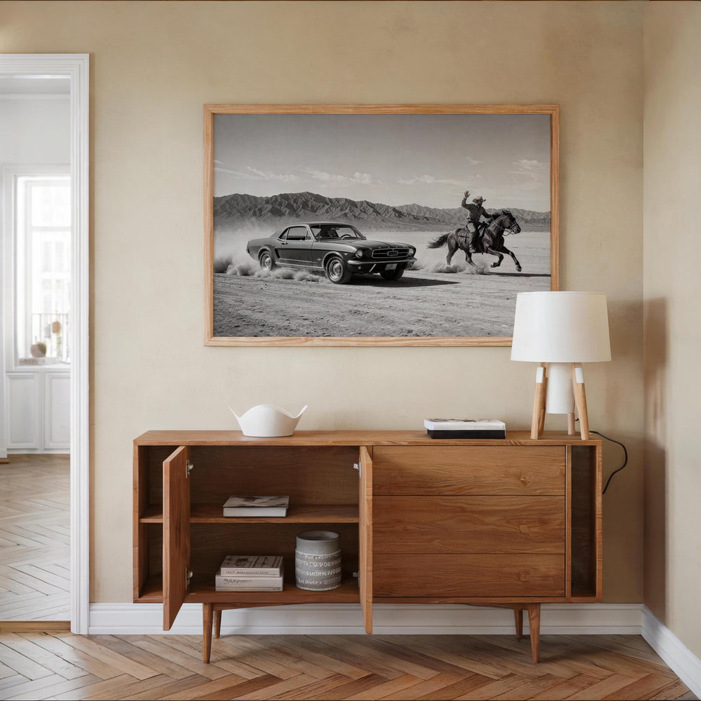 Cowboy & Horse VS Classic Car Print, Vintage Texas Black and White Photo, Western Country Old Poster, Mid Century Retro Americana Wall Art