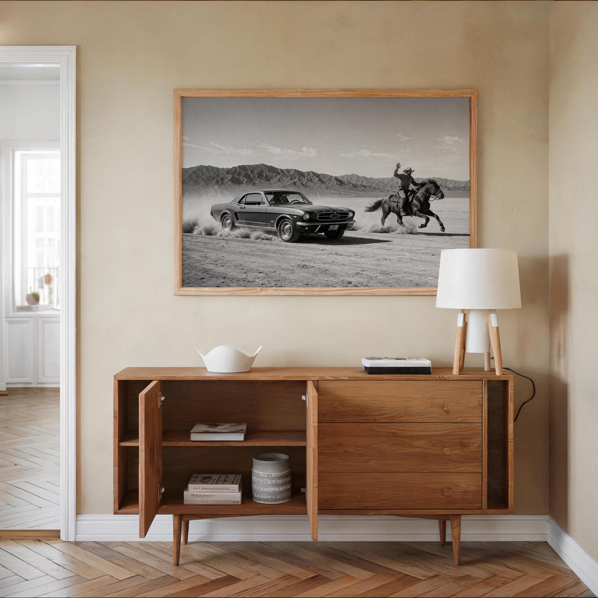 Cowboy & Horse VS Classic Car Print, Vintage Texas Black and White Photo, Western Country Old Poster, Mid Century Retro Americana Wall Art