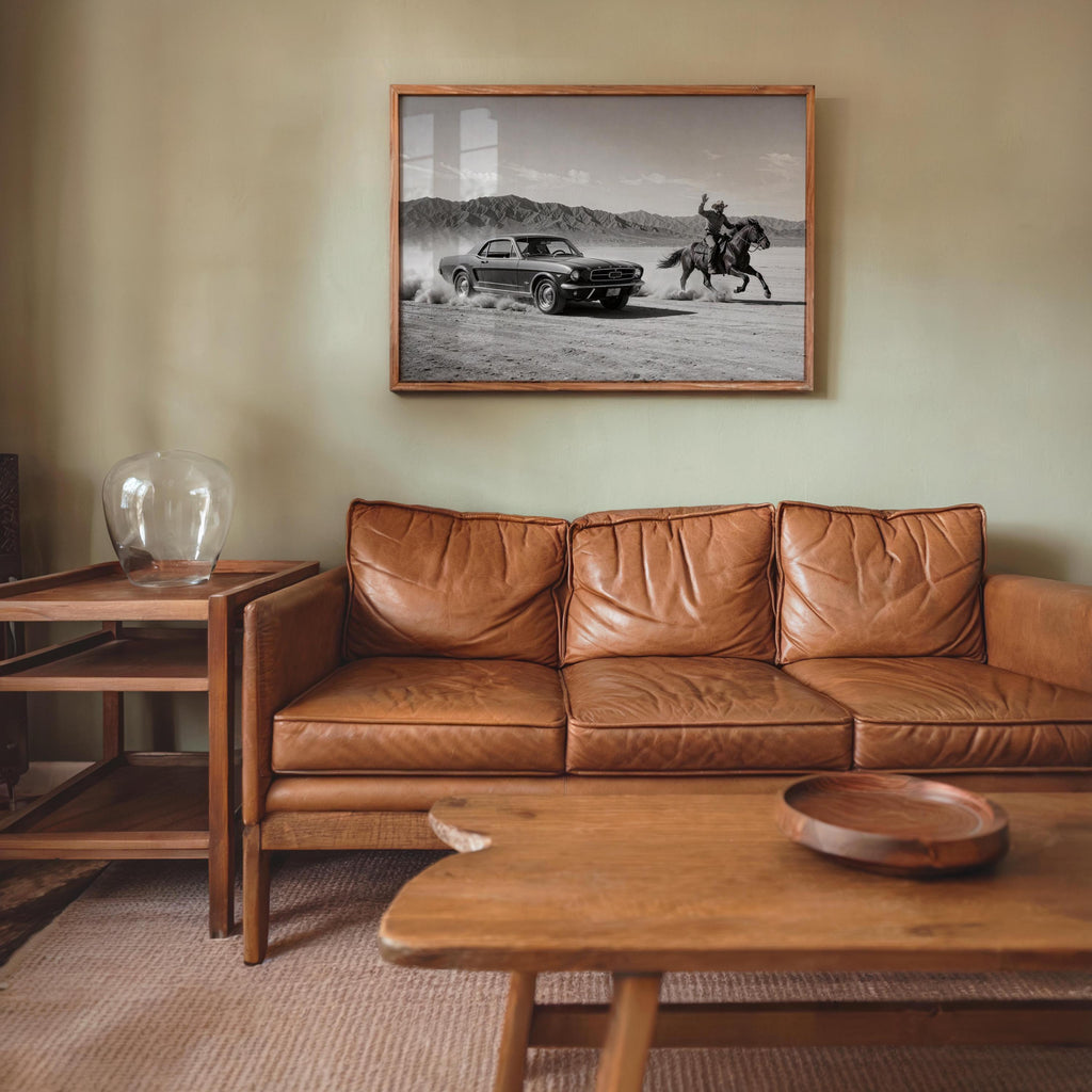 Cowboy & Horse VS Classic Car Print, Vintage Texas Black and White Photo, Western Country Old Poster, Mid Century Retro Americana Wall Art