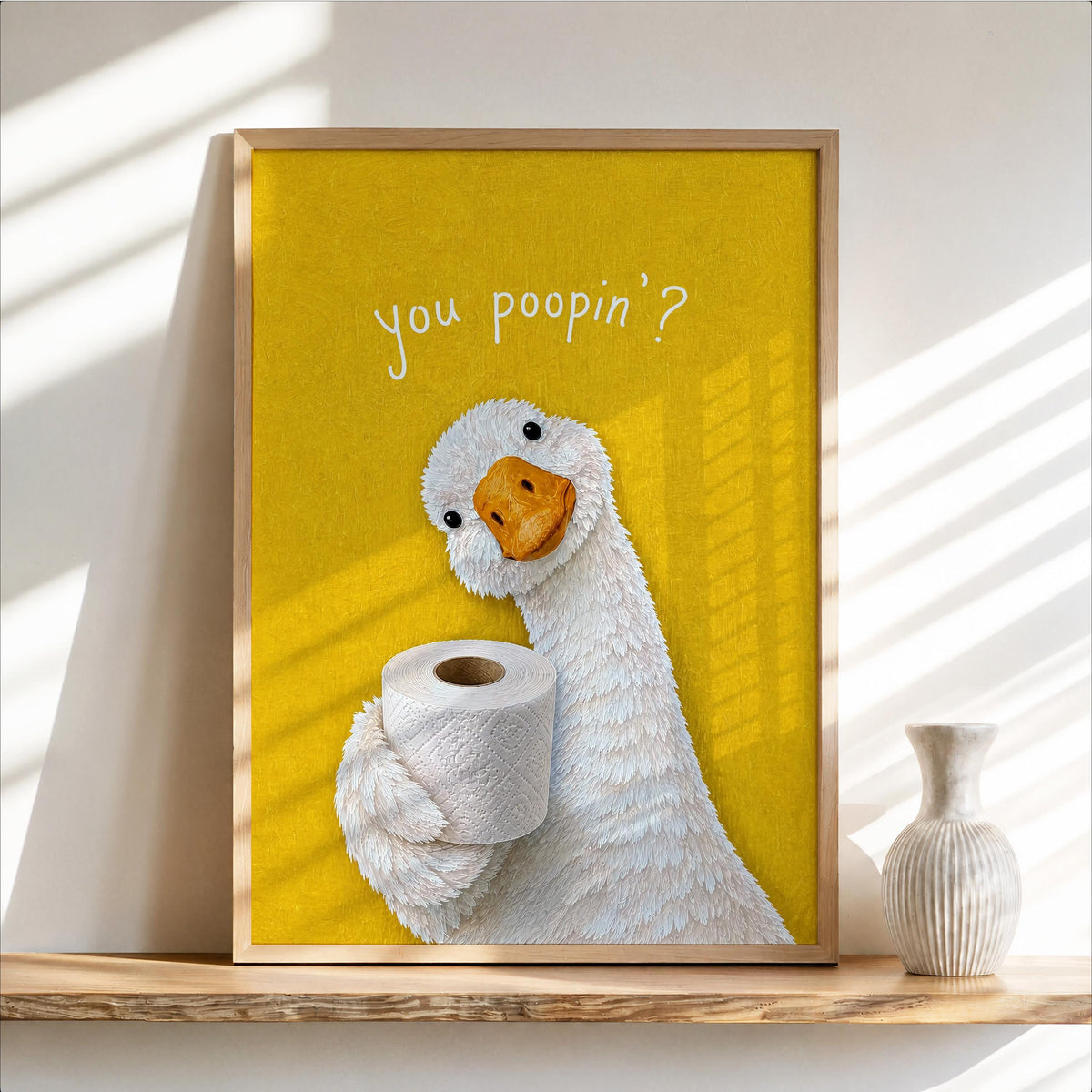 You Poopin Goose with Toilet Paper Wall Art, Funny Bathroom Decor, Quirky Cottagecore Bird Print, Humorous Geese Loo Sign