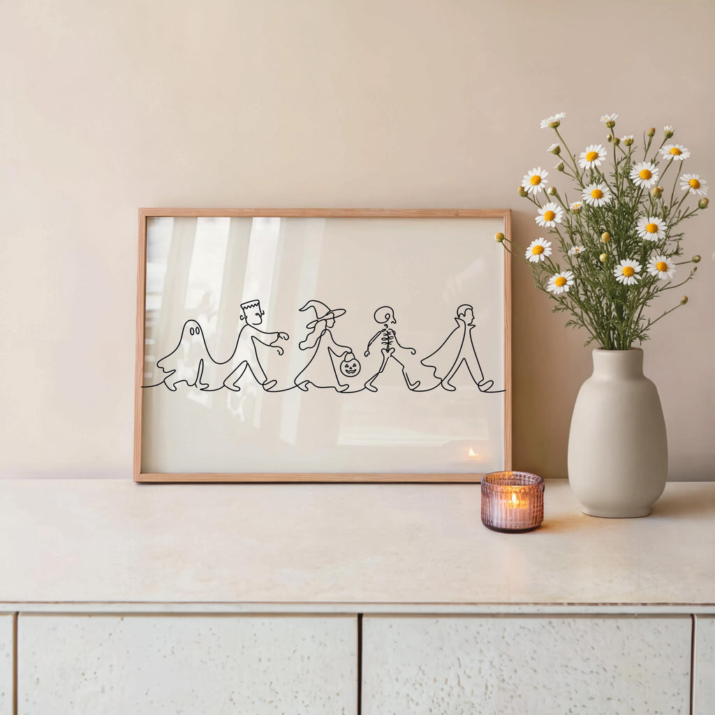 Halloween Parade Line Art, Spooky Ghost Print, Minimalist Witch Illustration, Skeleton Poster, Dark Gothic Autumn Wall Decor