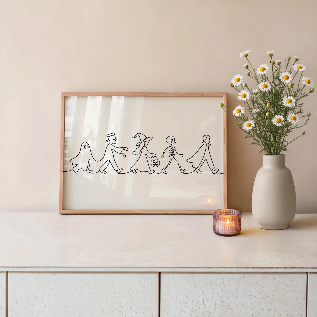 Halloween Parade Line Art, Spooky Ghost Print, Minimalist Witch Illustration, Skeleton Poster, Dark Gothic Autumn Wall Decor