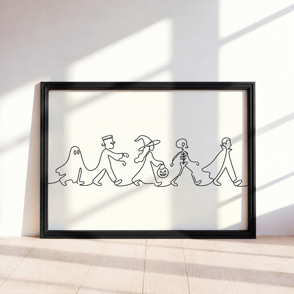 Halloween Parade Line Art, Spooky Ghost Print, Minimalist Witch Illustration, Skeleton Poster, Dark Gothic Autumn Wall Decor