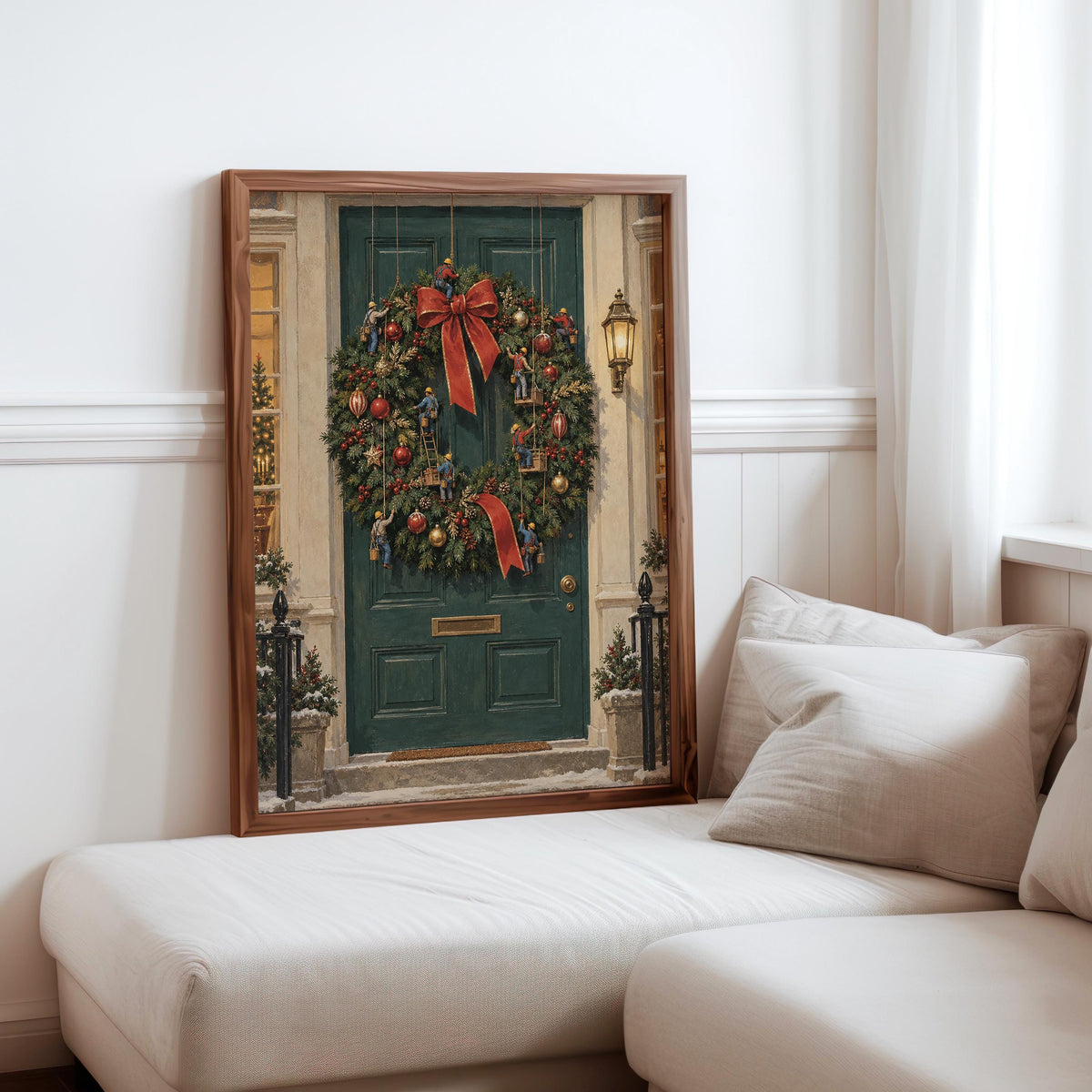 Tiny Workers Decorating Festive Wreath, Christmas Wreath Door Print, Whimsical Holiday Wall Art, Xmas Entryway Decor Gift