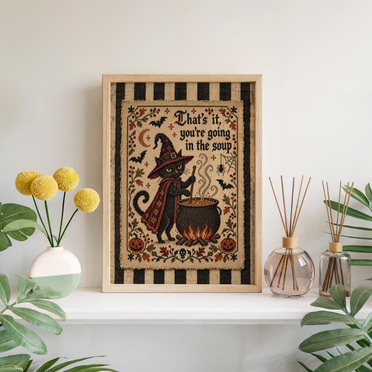 Black Cat Halloween Wall Art, That's It You're Going in the Soup Poster, Cross Stitch Print, Funny Vintage Kitchen Decor, Gothic Witchy Art