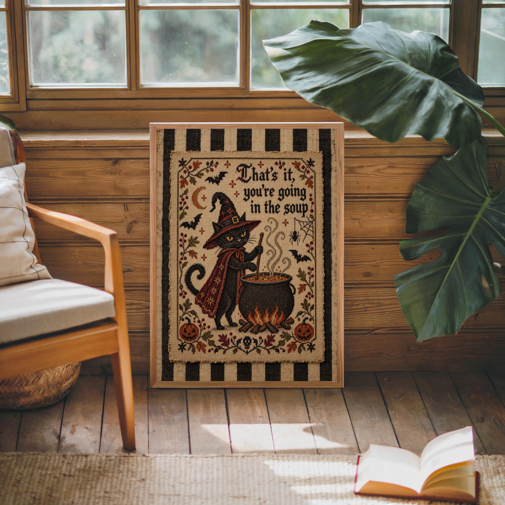 Black Cat Halloween Wall Art, That's It You're Going in the Soup Poster, Cross Stitch Print, Funny Vintage Kitchen Decor, Gothic Witchy Art