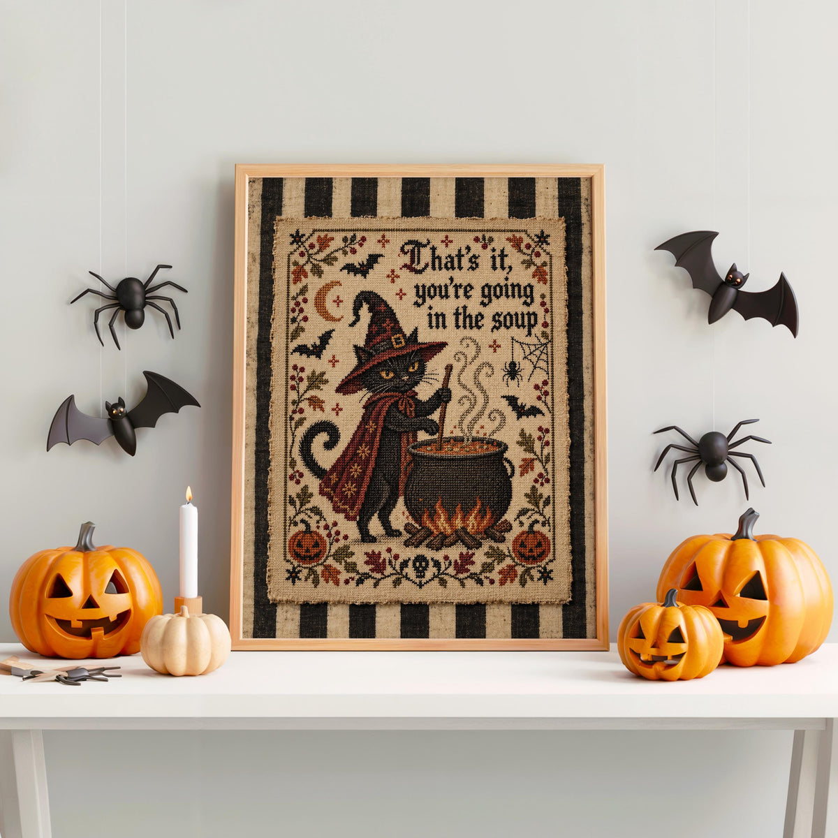 Black Cat Halloween Wall Art, That's It You're Going in the Soup Poster, Cross Stitch Print, Funny Vintage Kitchen Decor, Gothic Witchy Art