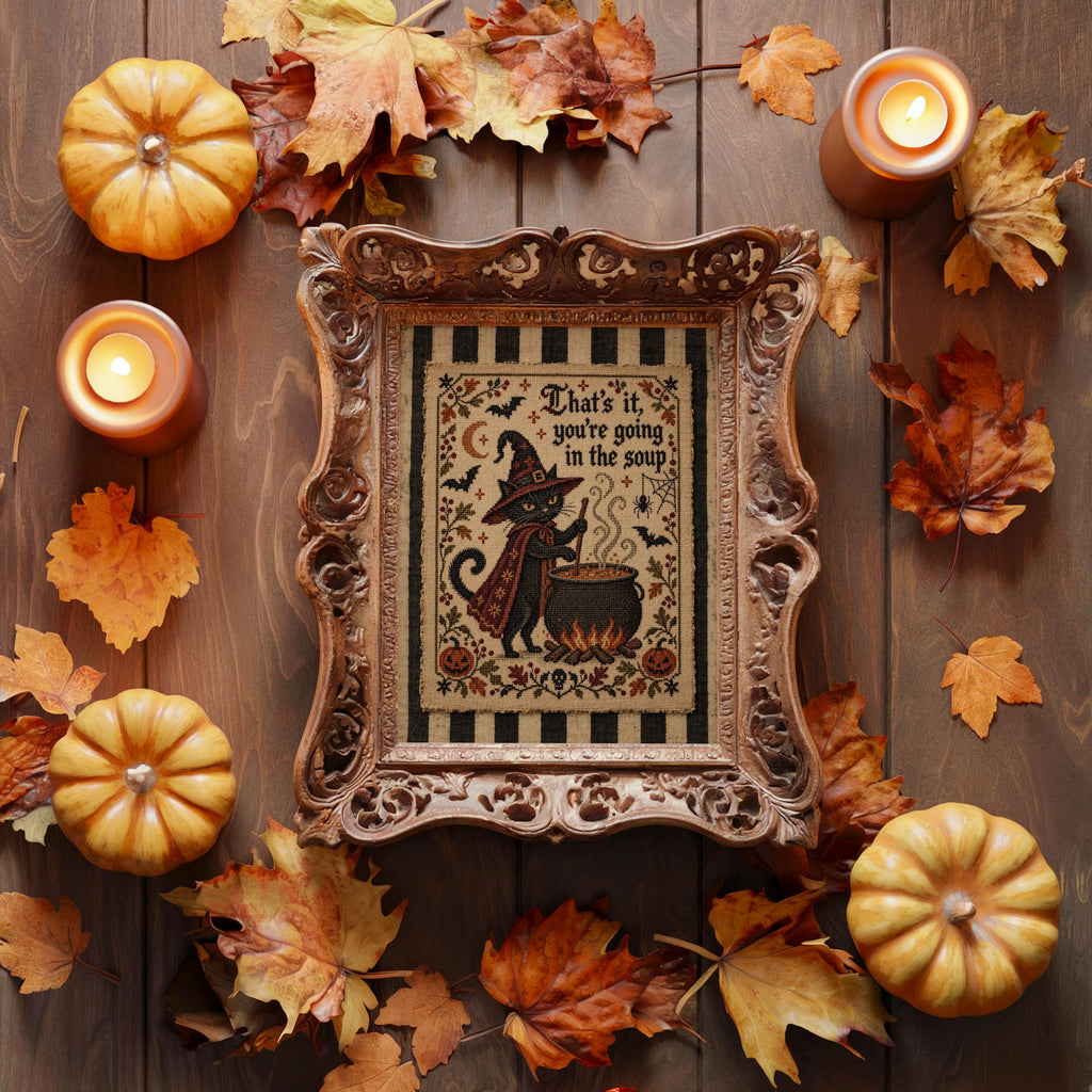 Black Cat Halloween Wall Art, That's It You're Going in the Soup Poster, Cross Stitch Print, Funny Vintage Kitchen Decor, Gothic Witchy Art