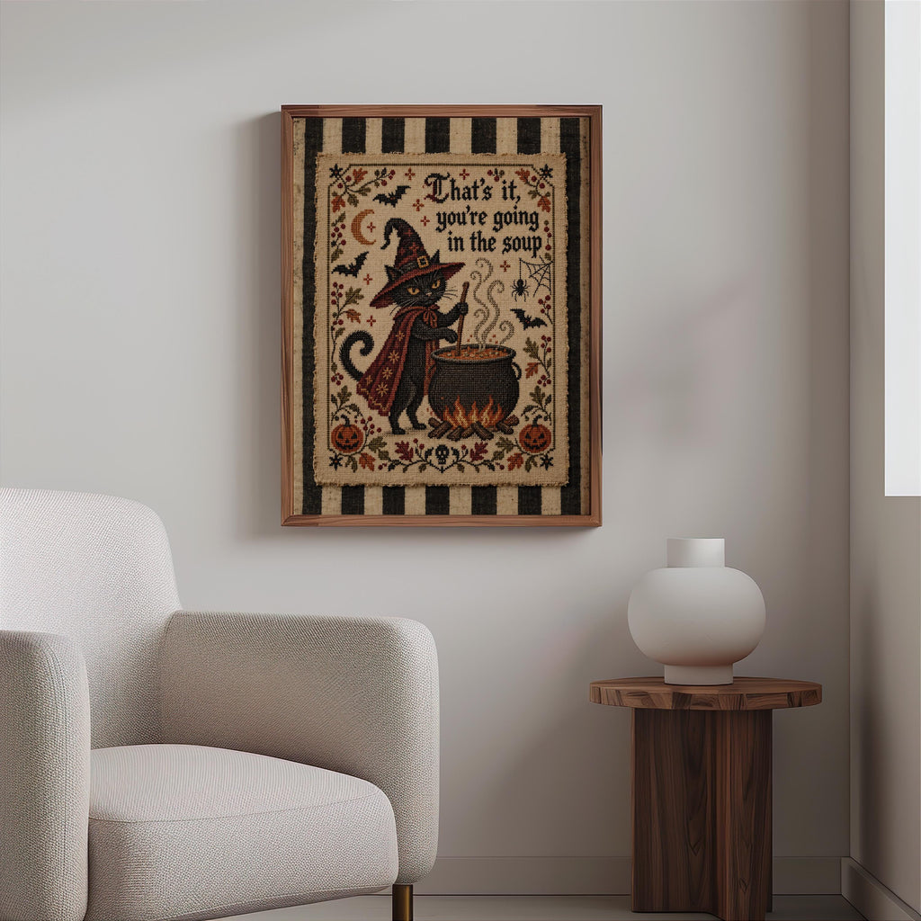 Black Cat Halloween Wall Art, That's It You're Going in the Soup Poster, Cross Stitch Print, Funny Vintage Kitchen Decor, Gothic Witchy Art