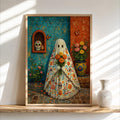 Mexican Halloween Print, Sugar Skull Ghost Wall Art, Dia de los Muertos Decor, Floral Folk Poster, Spooky Vibrant Mexico Culture Painting