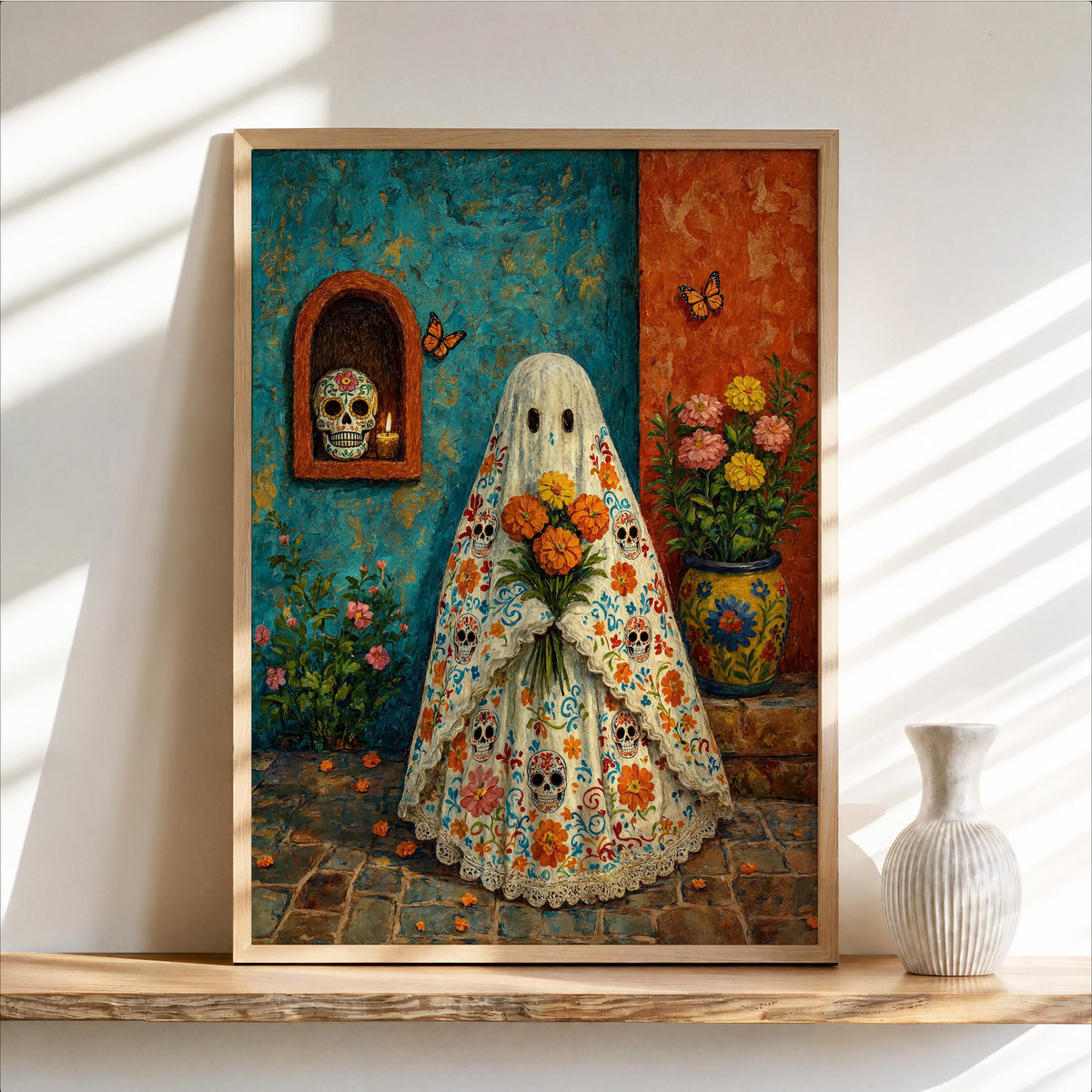 Mexican Halloween Print, Sugar Skull Ghost Wall Art, Dia de los Muertos Decor, Floral Folk Poster, Spooky Vibrant Mexico Culture Painting