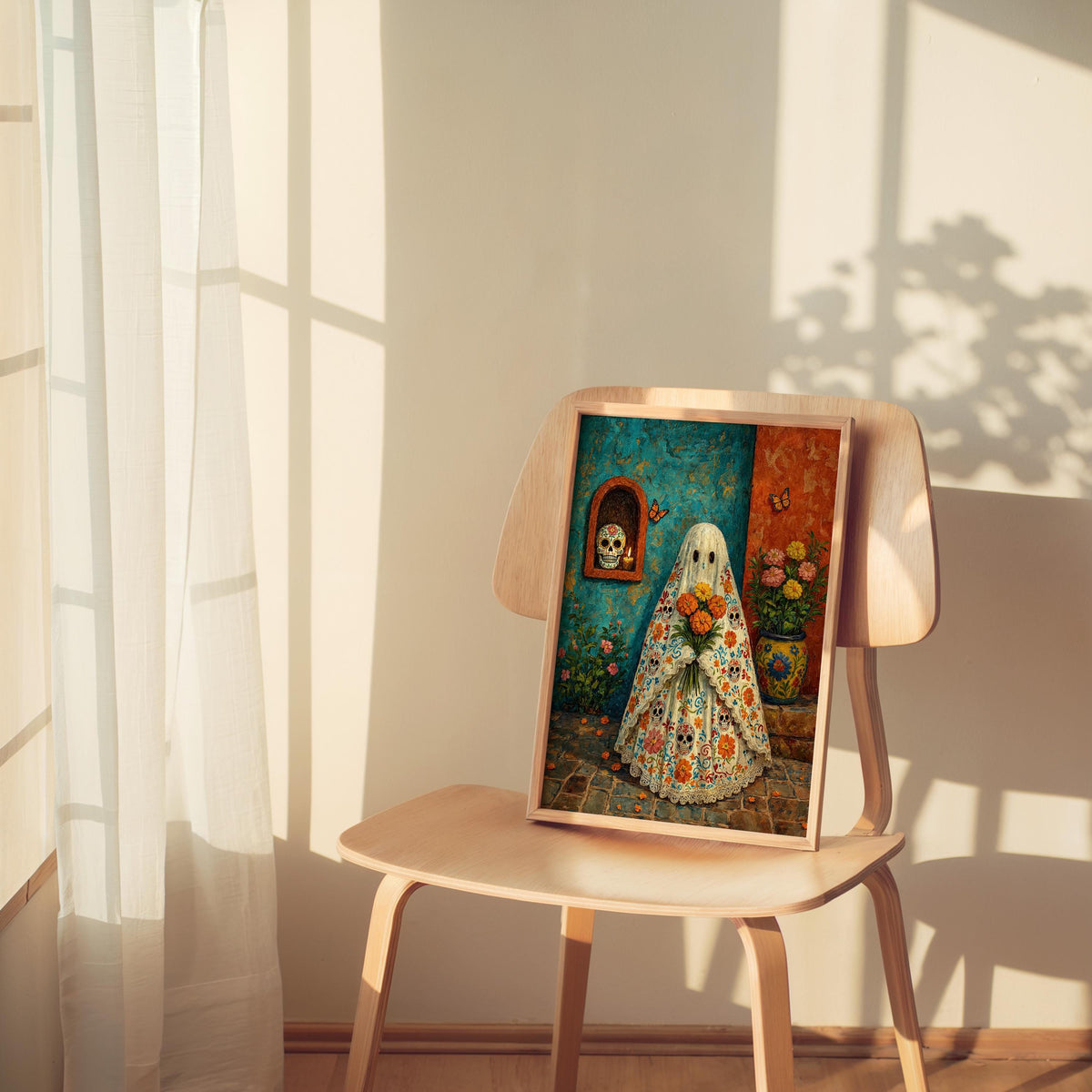Mexican Halloween Print, Sugar Skull Ghost Wall Art, Dia de los Muertos Decor, Floral Folk Poster, Spooky Vibrant Mexico Culture Painting