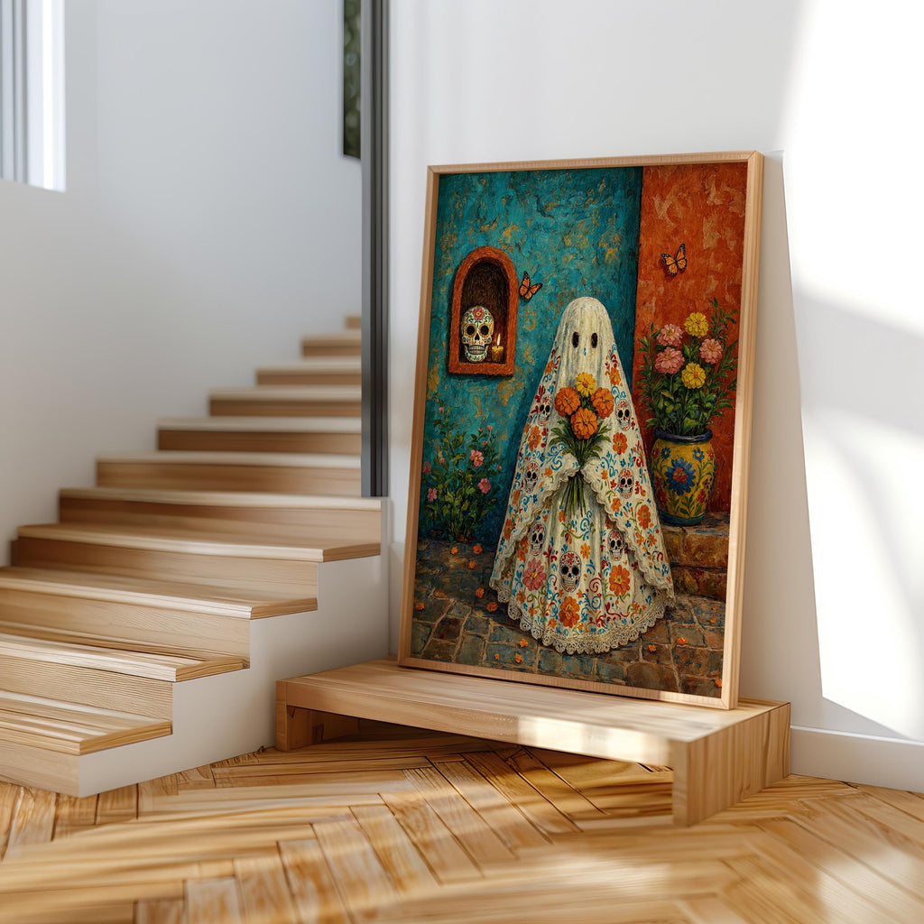 Mexican Halloween Print, Sugar Skull Ghost Wall Art, Dia de los Muertos Decor, Floral Folk Poster, Spooky Vibrant Mexico Culture Painting