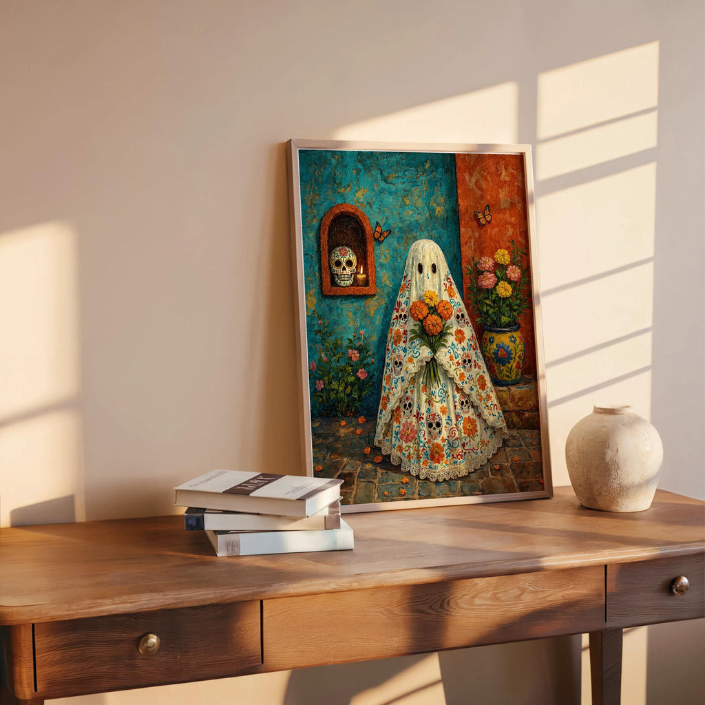 Mexican Halloween Print, Sugar Skull Ghost Wall Art, Dia de los Muertos Decor, Floral Folk Poster, Spooky Vibrant Mexico Culture Painting