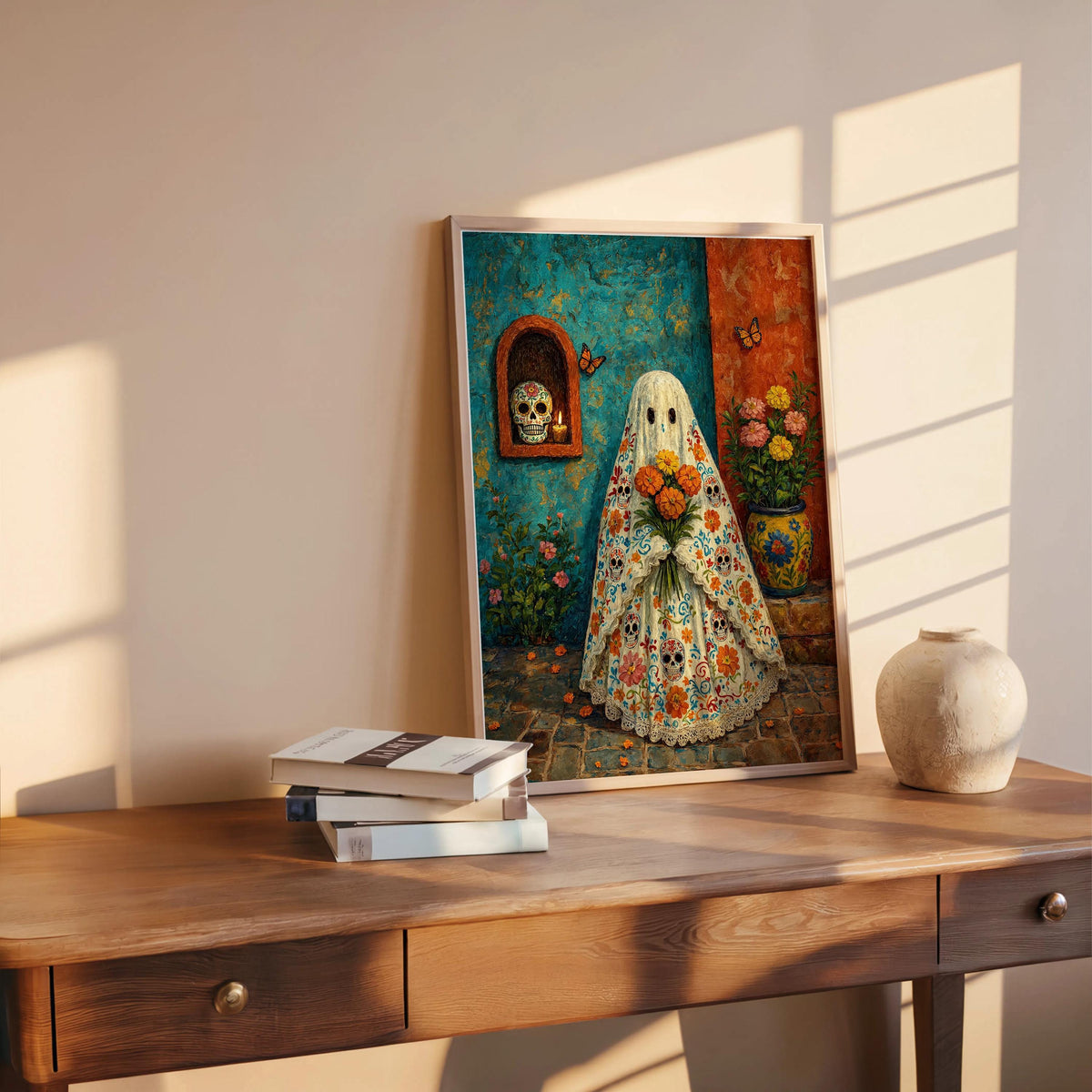 Mexican Halloween Print, Sugar Skull Ghost Wall Art, Dia de los Muertos Decor, Floral Folk Poster, Spooky Vibrant Mexico Culture Painting