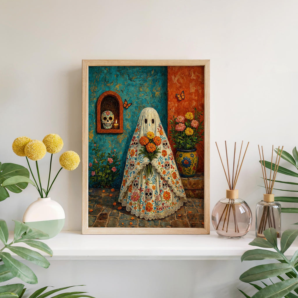 Mexican Halloween Print, Sugar Skull Ghost Wall Art, Dia de los Muertos Decor, Floral Folk Poster, Spooky Vibrant Mexico Culture Painting
