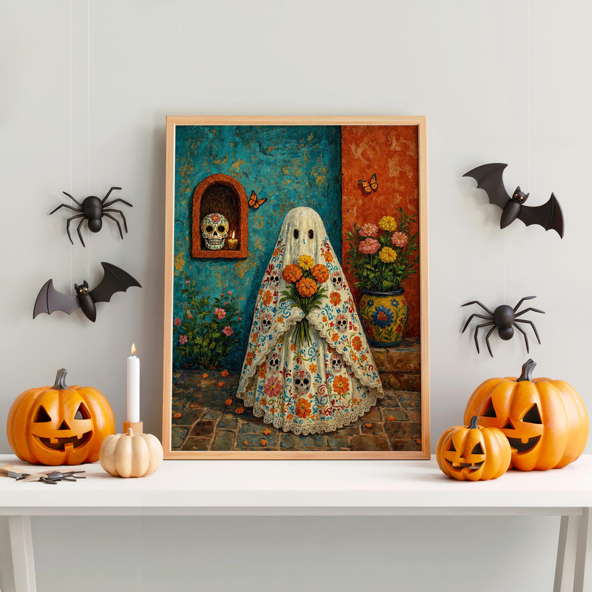 Mexican Halloween Print, Sugar Skull Ghost Wall Art, Dia de los Muertos Decor, Floral Folk Poster, Spooky Vibrant Mexico Culture Painting