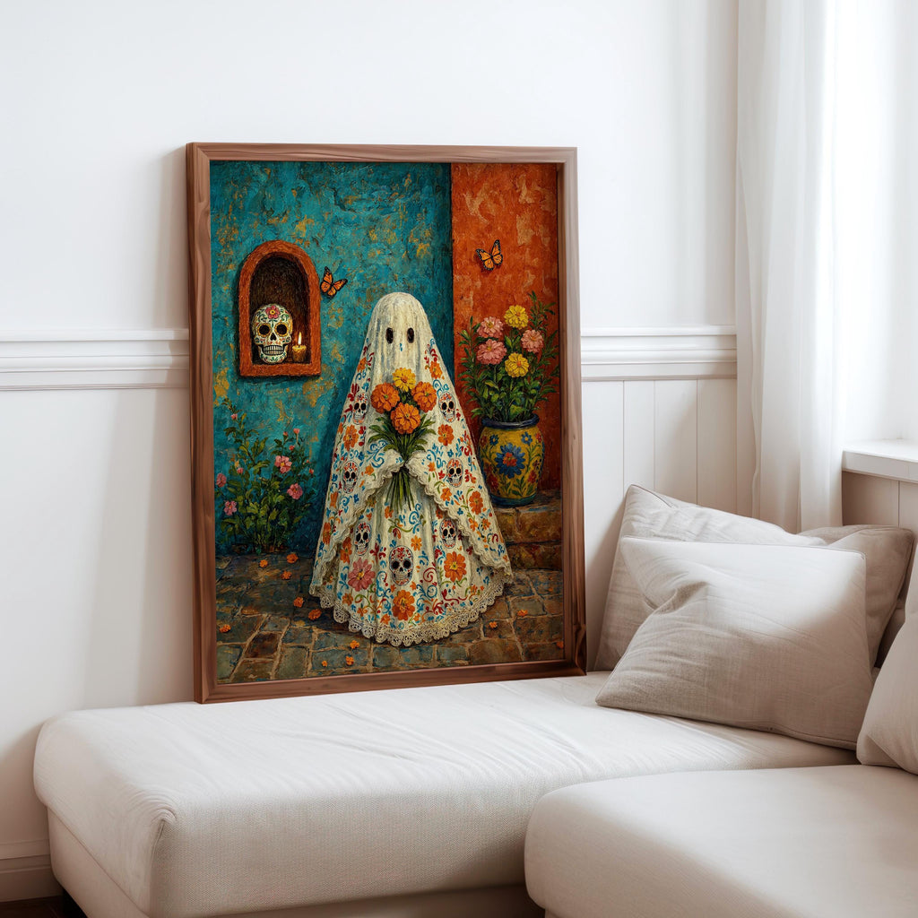 Mexican Halloween Print, Sugar Skull Ghost Wall Art, Dia de los Muertos Decor, Floral Folk Poster, Spooky Vibrant Mexico Culture Painting