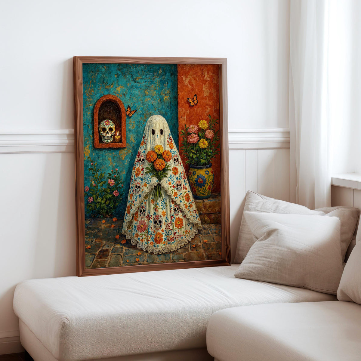 Mexican Halloween Print, Sugar Skull Ghost Wall Art, Dia de los Muertos Decor, Floral Folk Poster, Spooky Vibrant Mexico Culture Painting