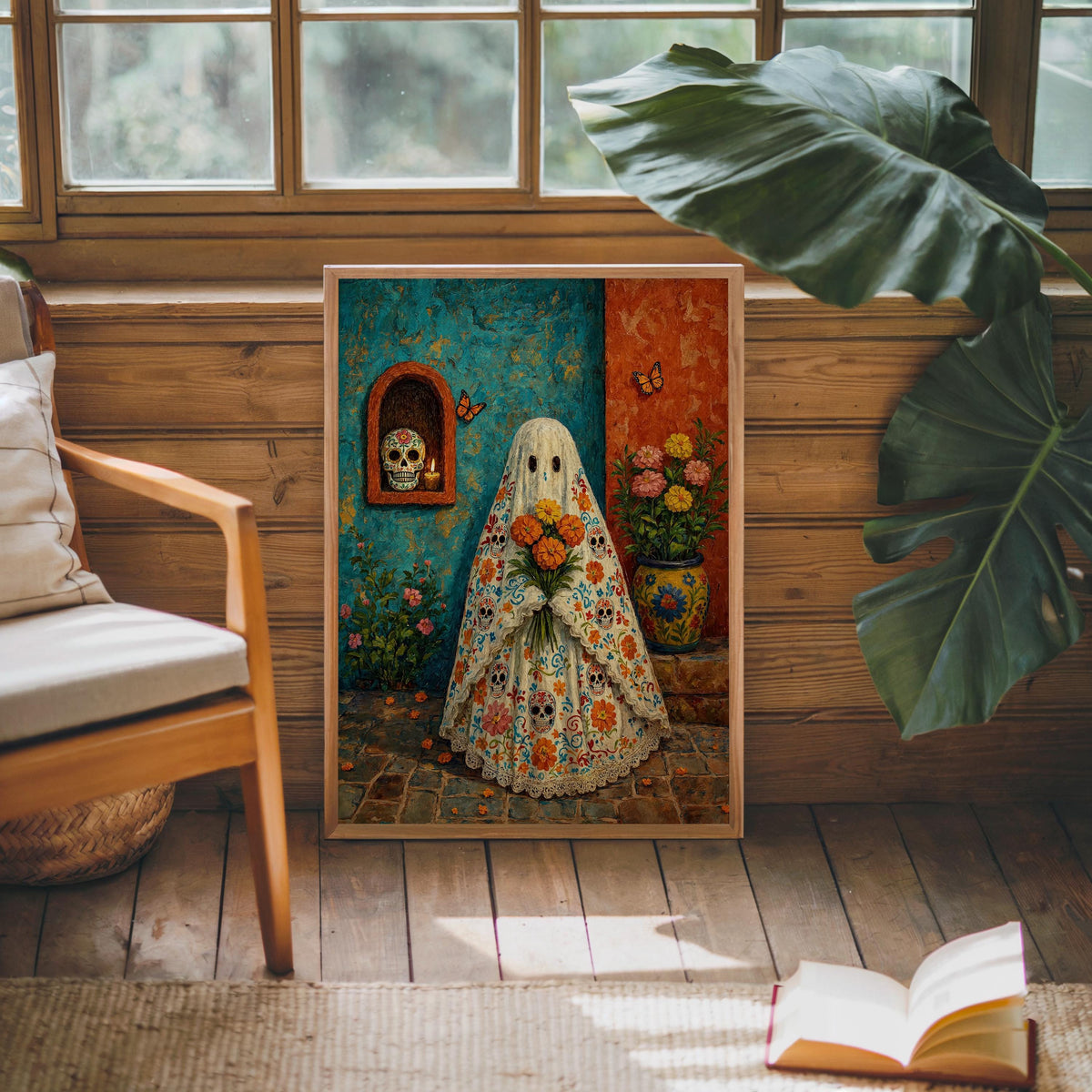 Mexican Halloween Print, Sugar Skull Ghost Wall Art, Dia de los Muertos Decor, Floral Folk Poster, Spooky Vibrant Mexico Culture Painting