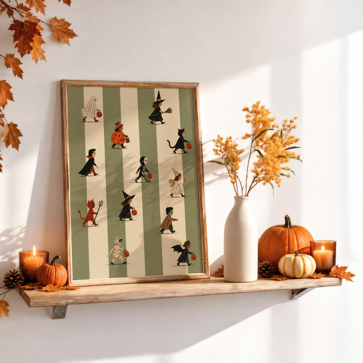 Halloween Trick Or Treat Print, Cute Kids Costume Parade Wall Art, Striped Vintage Autumn Poster, Spooky Halloween Fall Decor