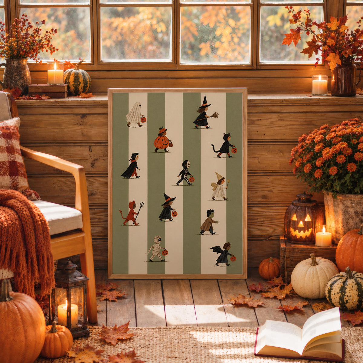 Halloween Trick Or Treat Print, Cute Kids Costume Parade Wall Art, Striped Vintage Autumn Poster, Spooky Halloween Fall Decor