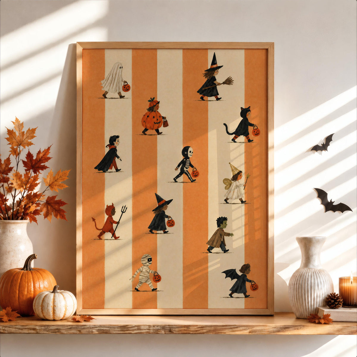 Halloween Trick Or Treat Print, Cute Kids Costume Parade Wall Art, Striped Vintage Autumn Poster, Spooky Halloween Fall Decor