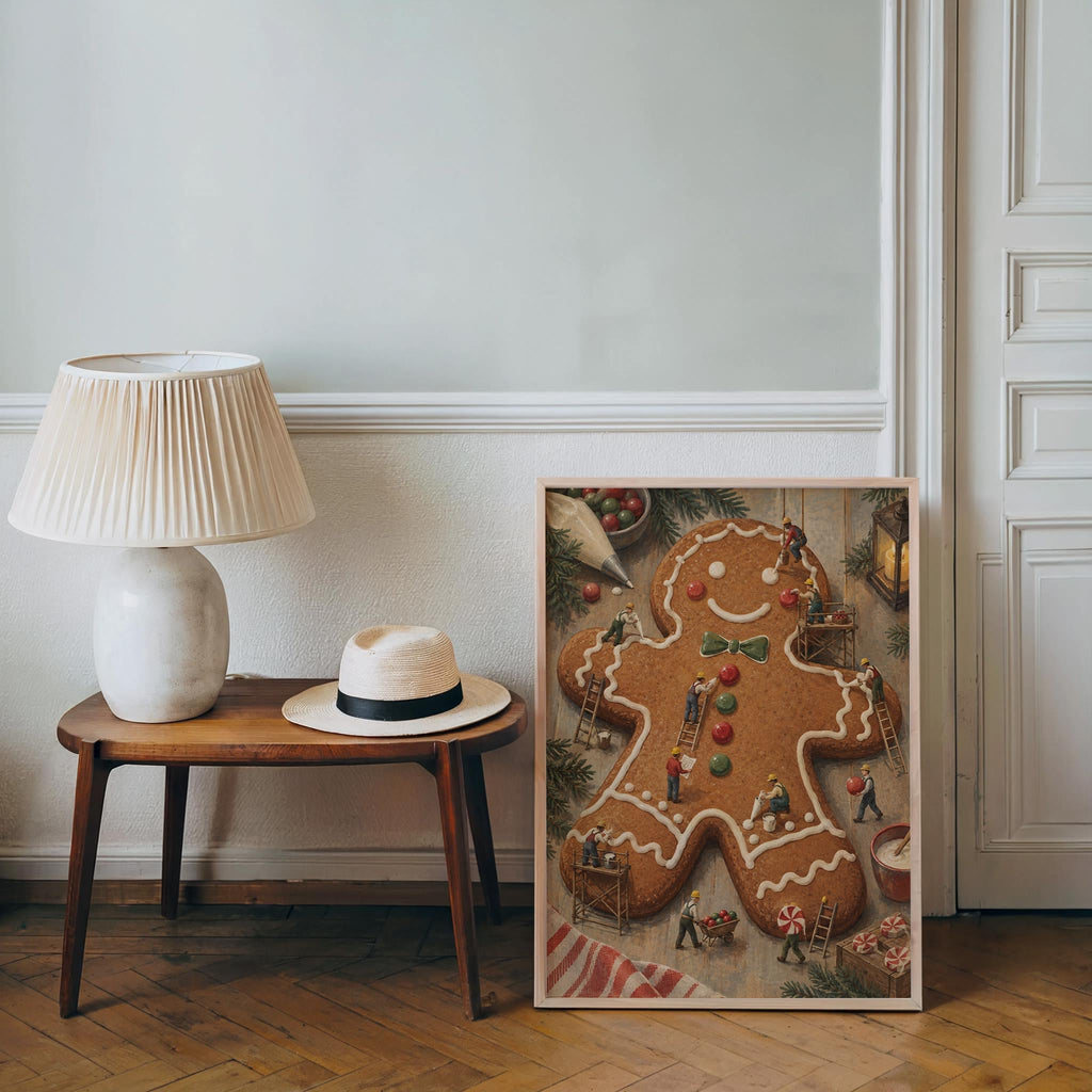 Gingerbread Man Christmas Print, Tiny Workers People Decorating Cookie, Funny Festive Holiday Wall Art, Whimsical Kitchen Dining Room Decor