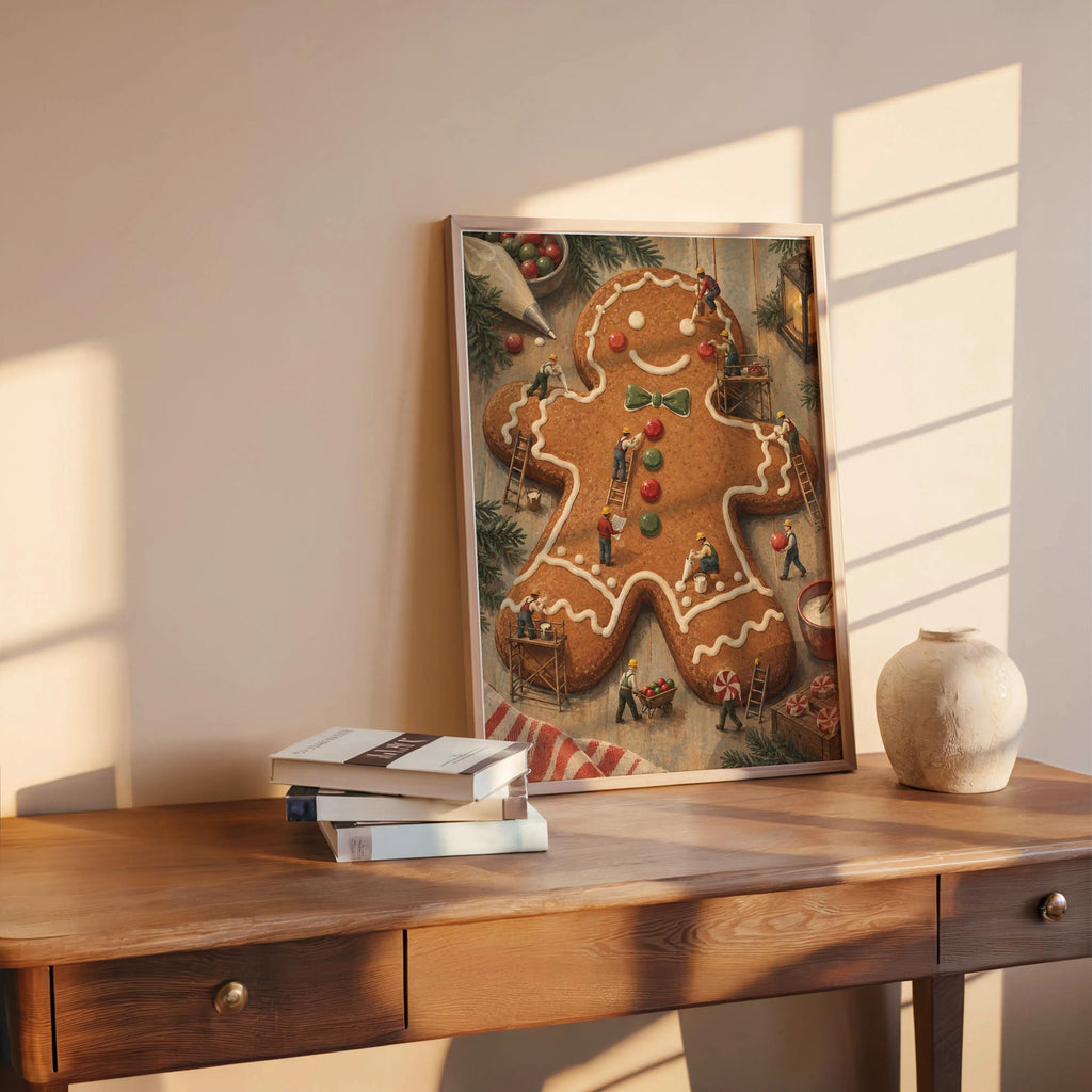 Gingerbread Man Christmas Print, Tiny Workers People Decorating Cookie, Funny Festive Holiday Wall Art, Whimsical Kitchen Dining Room Decor