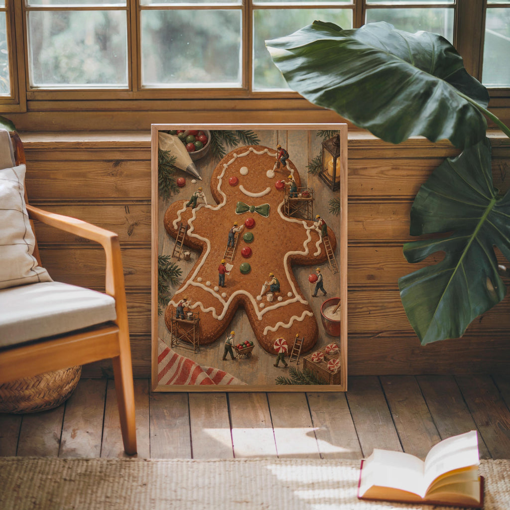 Gingerbread Man Christmas Print, Tiny Workers People Decorating Cookie, Funny Festive Holiday Wall Art, Whimsical Kitchen Dining Room Decor