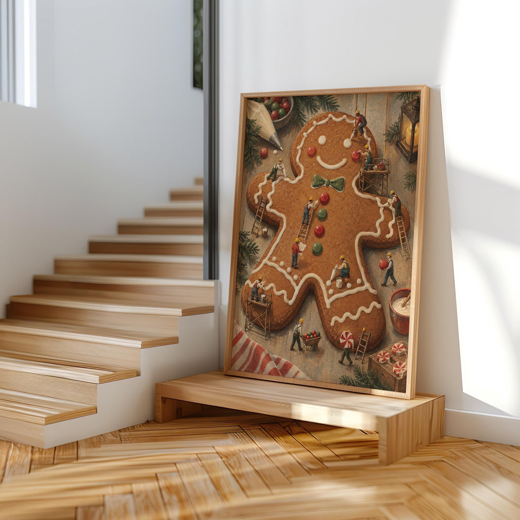 Gingerbread Man Christmas Print, Tiny Workers People Decorating Cookie, Funny Festive Holiday Wall Art, Whimsical Kitchen Dining Room Decor
