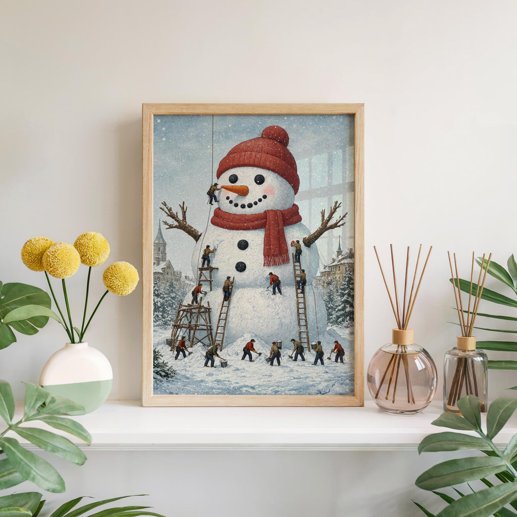 Miniature People Building Giant Snowman Christmas Wall Art, Storybook Xmas Decor, Tiny Workers Holiday Wall Art, Baker Foodie Kitchen Gift