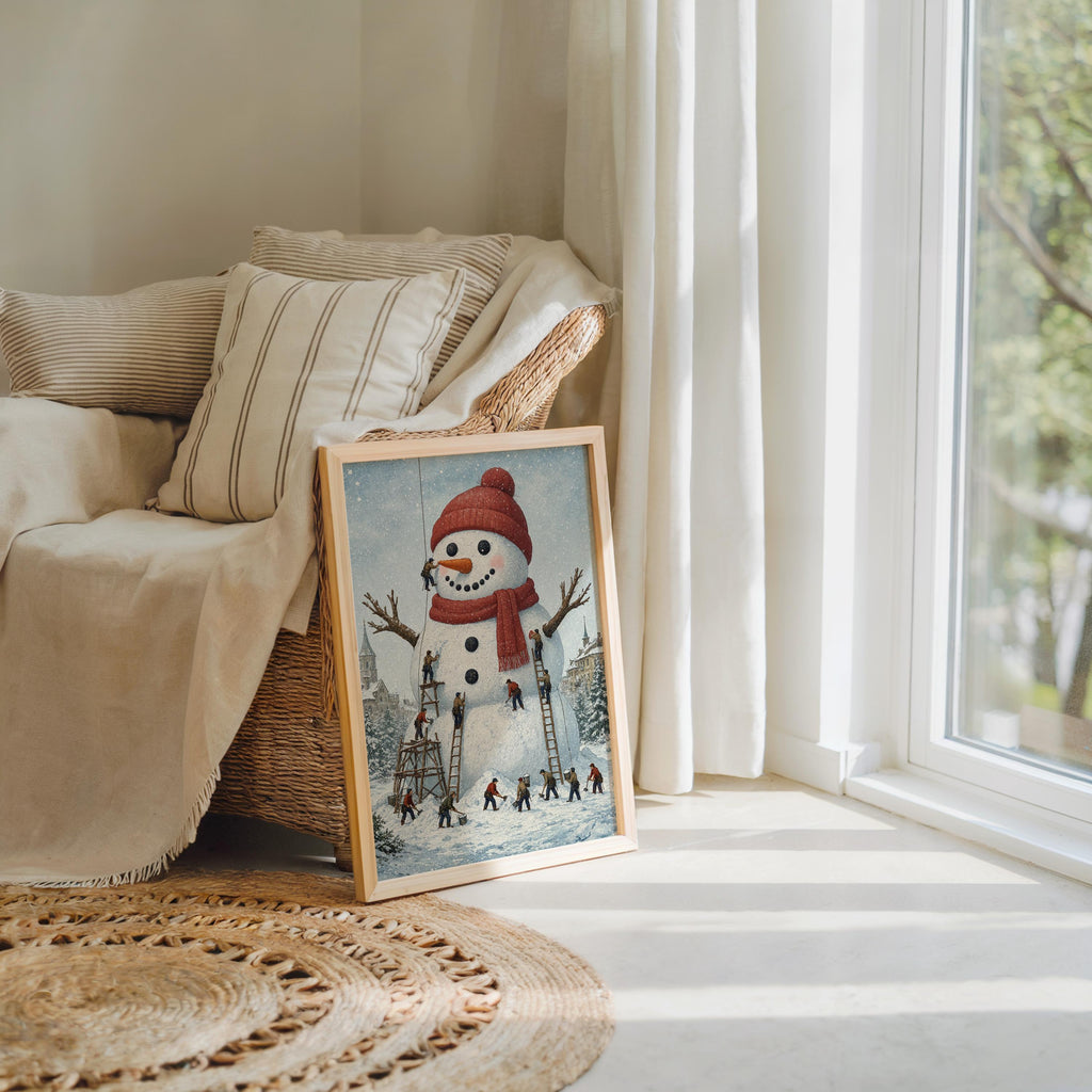 Miniature People Building Giant Snowman Christmas Wall Art, Storybook Xmas Decor, Tiny Workers Holiday Wall Art, Baker Foodie Kitchen Gift