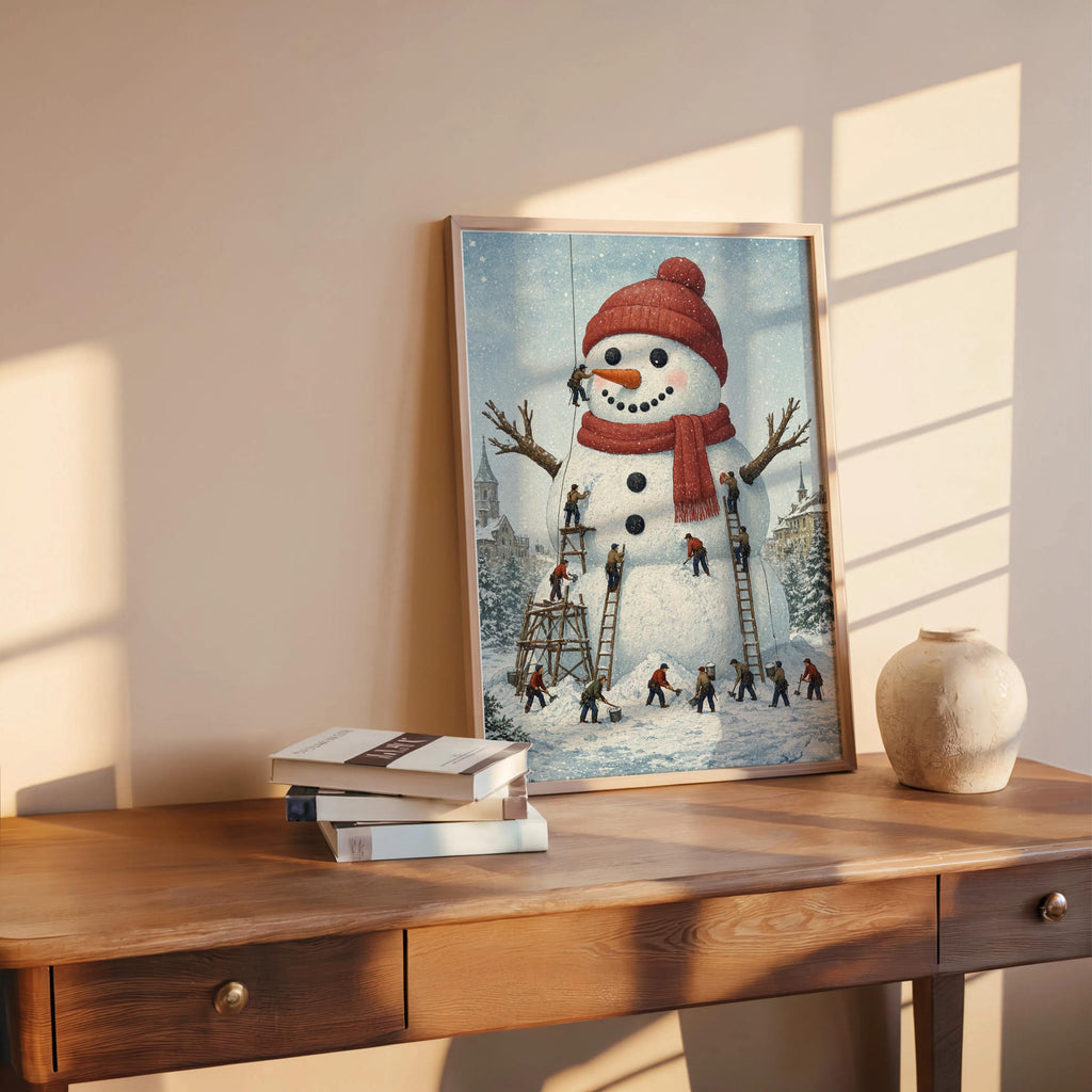 Miniature People Building Giant Snowman Christmas Wall Art, Storybook Xmas Decor, Tiny Workers Holiday Wall Art, Baker Foodie Kitchen Gift