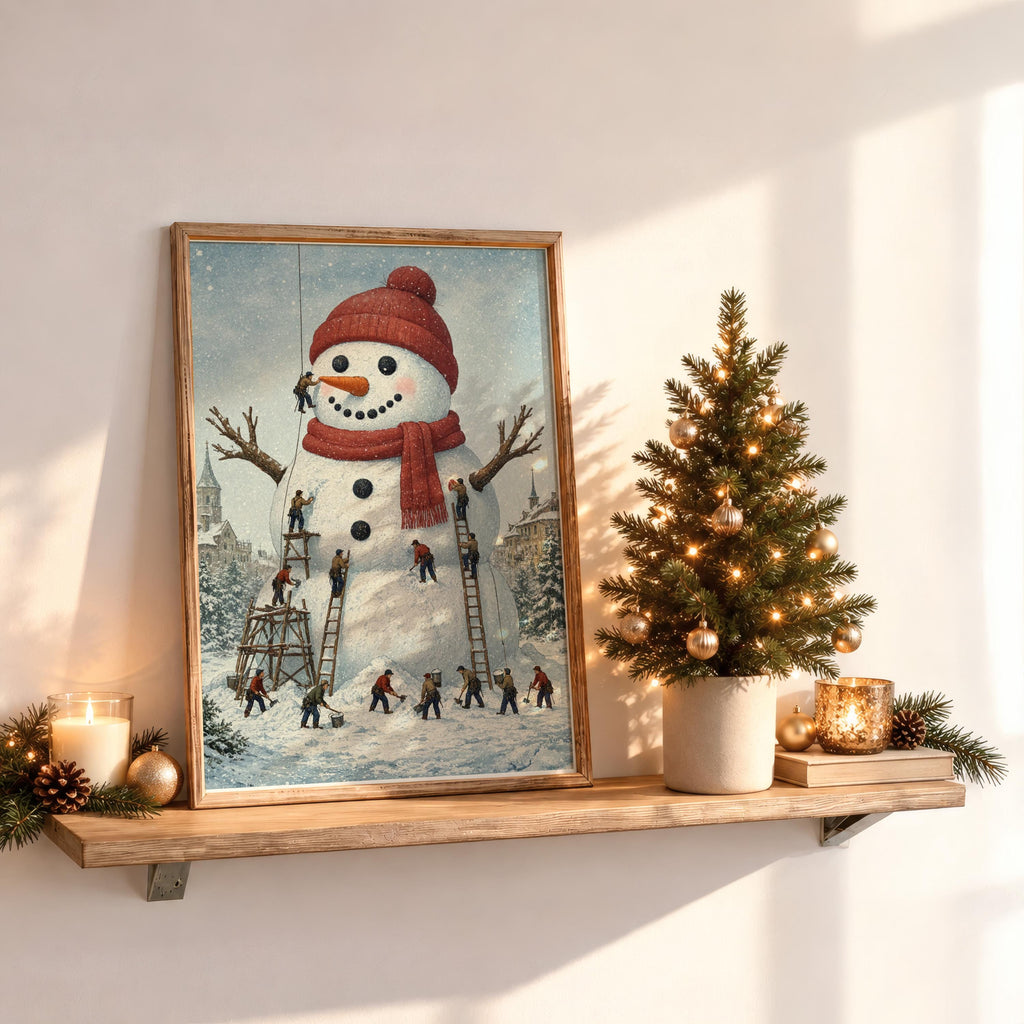 Miniature People Building Giant Snowman Christmas Wall Art, Storybook Xmas Decor, Tiny Workers Holiday Wall Art, Baker Foodie Kitchen Gift